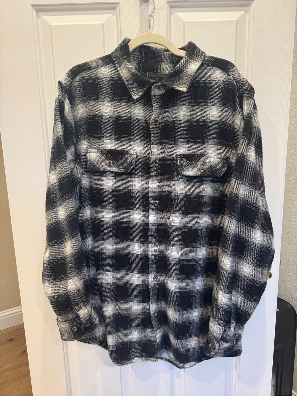 Field & Stream Black White Plaid Flannel Shirt Mens Large Tall LT Heavyweight